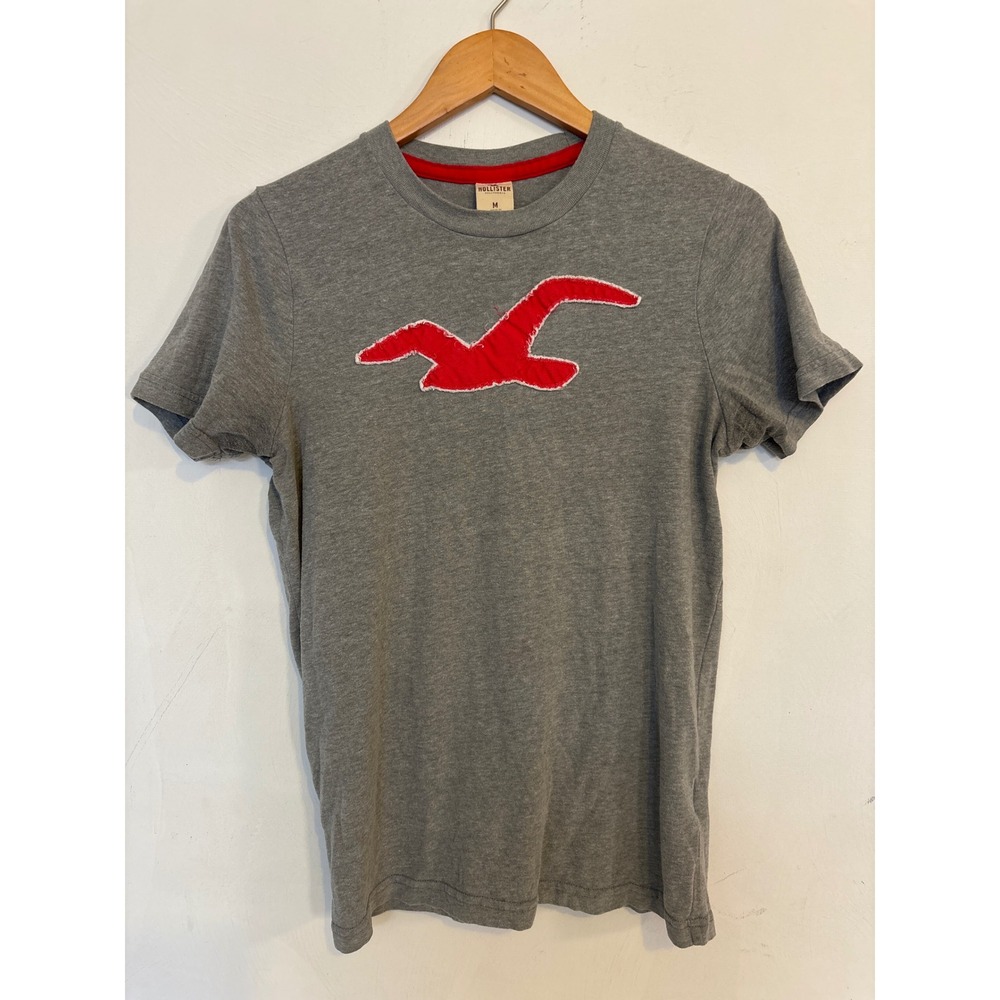 Hollister California Mens M Gray Short Sleeve T-Shirt Red Applique Seagull Logo
